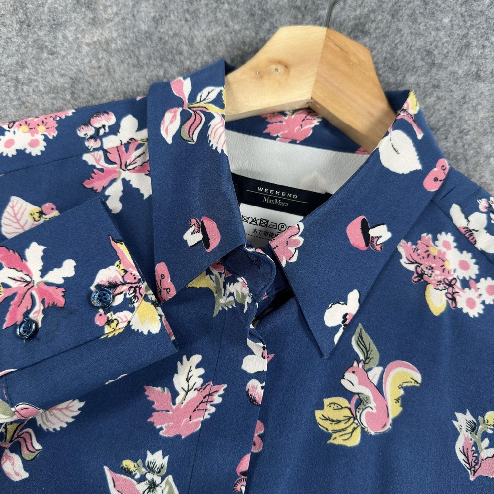 Weekend Max Mara Shirt Womens 4 Blue Silk Floral Squirrel Print Button‎ Front